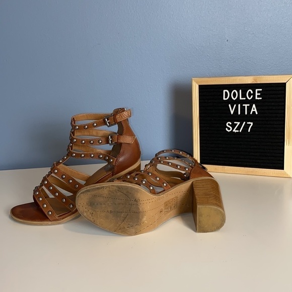 Dolce VITA Leather Gladiator Strappy Studded Chunky Heels - Picture 4 of 7